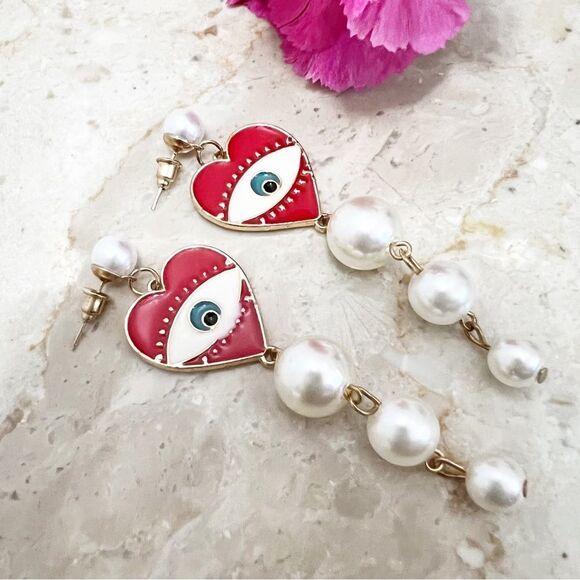 Crimson and Pearl Evil Eye Dangle Post Earrings NWT - Picture 6 of 11